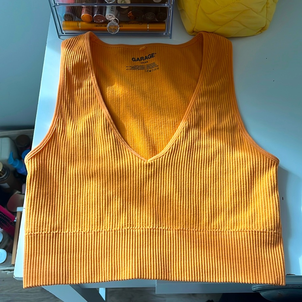 Garage ribbed low v neck top orange